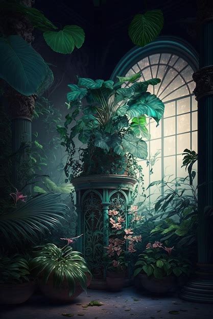 Premium AI Image | A dark room with a large plant in the middle.