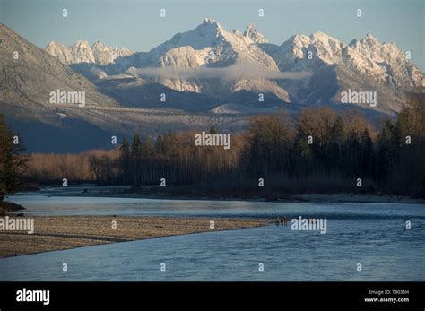 Cascade Mountains and Skykomish River viewed from bridge crossing the ...