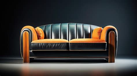 Premium Photo | A black leather couch with orange pillows and a black ...