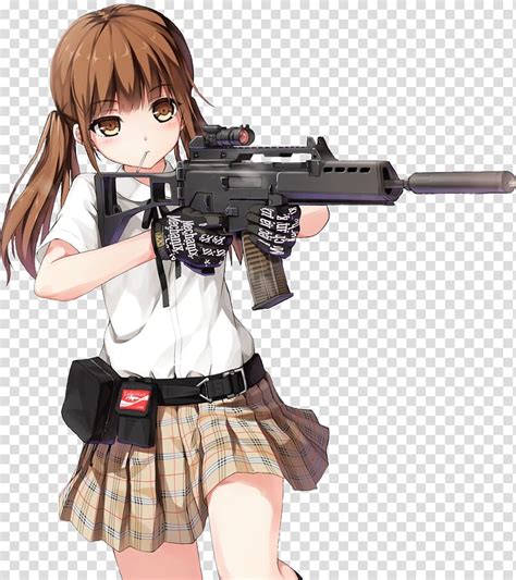 Anime character with brown haired holding rifle, Anime Female Firearm Girls with guns Manga ...