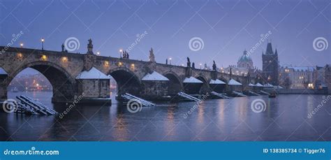 View of the Charles Bridge at Night in Winter Stock Photo - Image of snow, river: 138385734