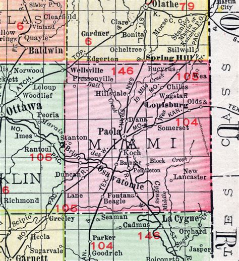 Miami County, Kansas, 1911, Map, Paola, Osawatomie, Louisburg