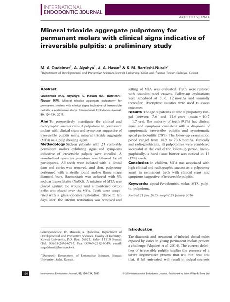 (PDF) Mineral trioxide aggregate pulpotomy for permanent molars ... · Mineral trioxide aggregate ...