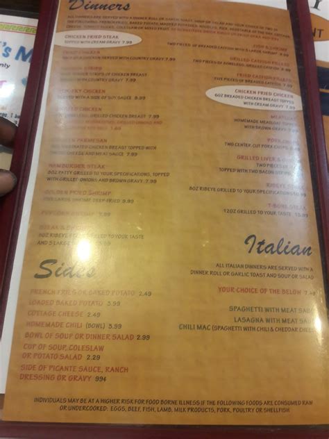 Menu at Perry's restaurant, Oklahoma City