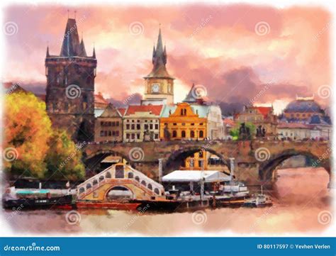 Watercolor Illustration of Old Prague Stock Image - Image of bridge, background: 80117597