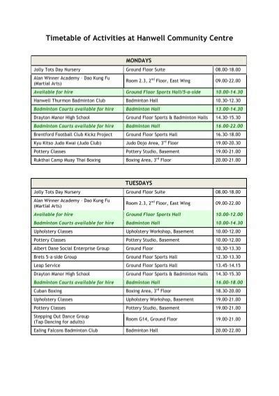 Timetable of Activities at Hanwell Community Centre