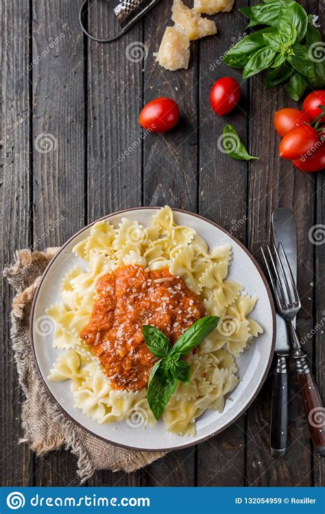 Farfalle Pasta with Tomato Sauce Stock Image - Image of handmade, classic: 132054959