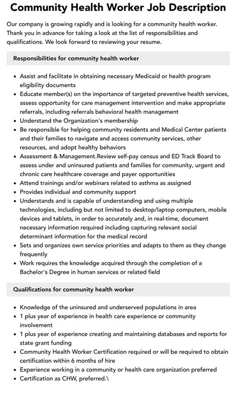 Community Health Worker Job Description | Velvet Jobs