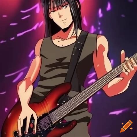 Dibujo de un anime rockero tocando la guitarra en un concierto emocionante