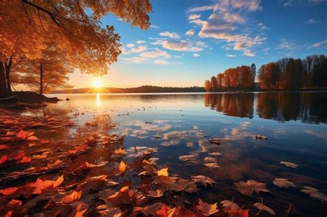 Premium AI Image | autumn leaves on a lake with a sunset background