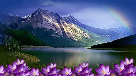 Landscape With Mountain, Lake And Flowers Wallpapers - Wallpaper Cave