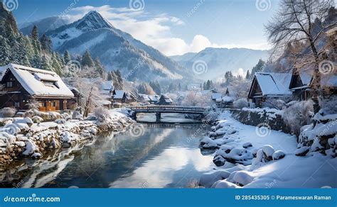 Shirakawa-go in winter stock illustration. Illustration of winter ...