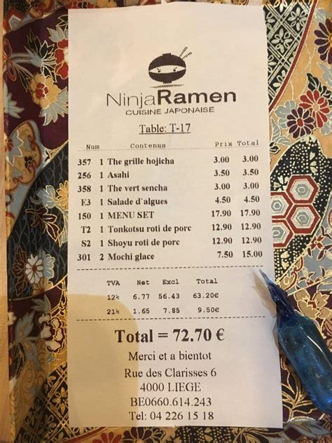 Menu at Ninja Ramen, Liège