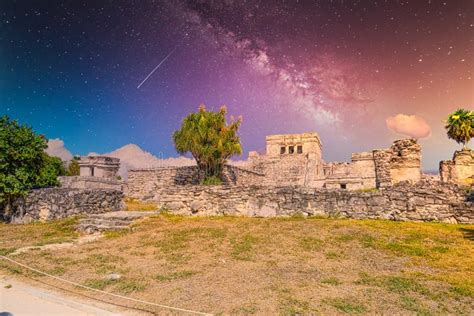 The Castle, Mayan Ruins in Tulum, Riviera Maya, Yucatan, Caribbean Sea, Mexico with Milky Way ...