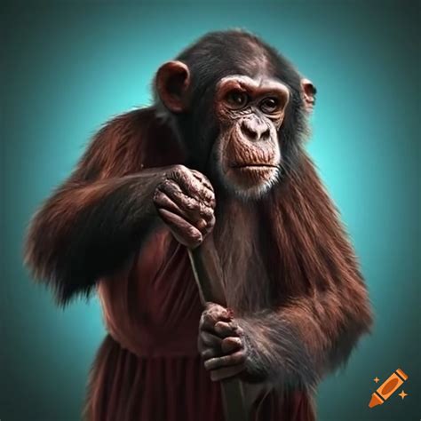 Chimpanzee with a hammer wearing a robe