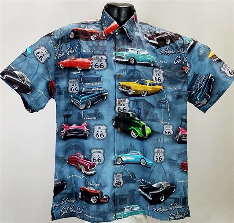 Route 66 Classic Car Hawaiian Shirt- Made in USA- 100% Cotton