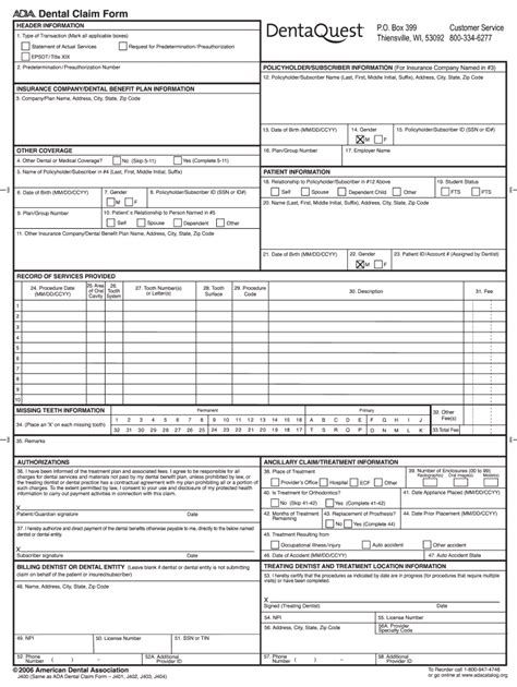 Ada Dental Claim Form Printable - Printable Forms Free Online