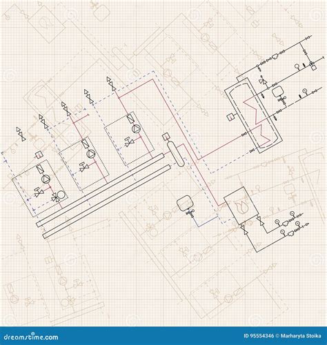 Blueprints With Boiler Room. Engineering Construction Drawings. Vector ...