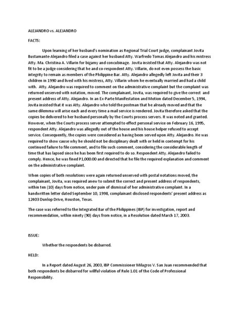 Case Digest - Alejandro vs. Alejandro A.C. No. 4256 | PDF | Service Of Process | Disbarment