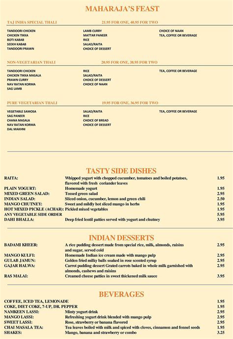 Taj India menu – SLC menu