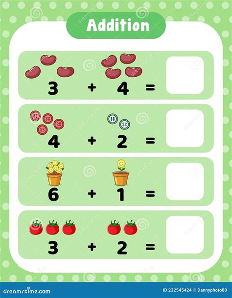 Preschool Addition Math Worksheet Template Stock Vector - Illustration ...