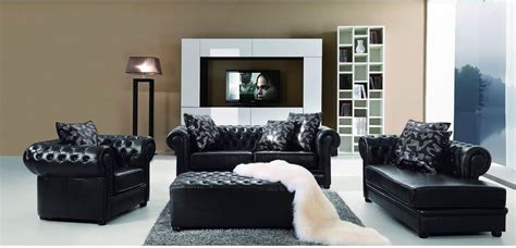 Classic Tufted Black Top Grain Leather Three Piece Living Room Set ...