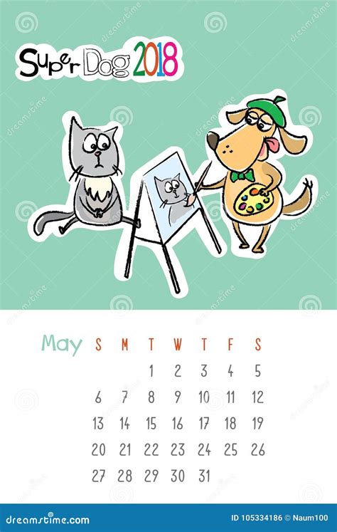 Calendar 2018 with Cute Funny Dog and Sad Cat Stock Vector ...