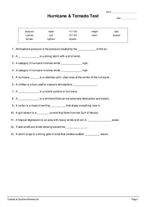 Hurricane & Tornado Test - Fill-in-the-Blank Sentences Worksheet ...