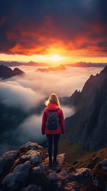 Premium AI Image | a woman on top of a mountain peak with view of clouds and sunrise