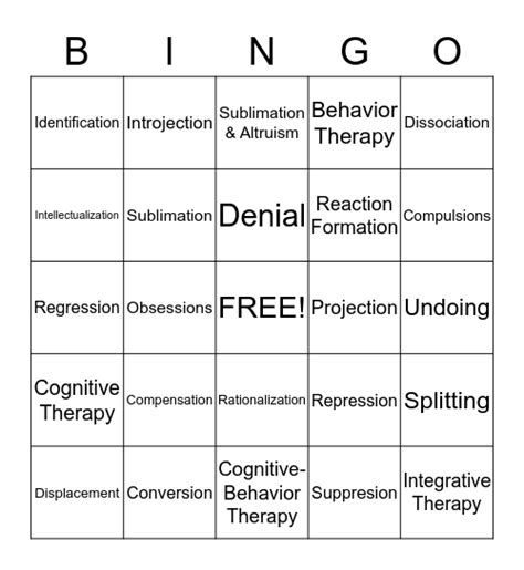 Defense Mechanisms Bingo Card