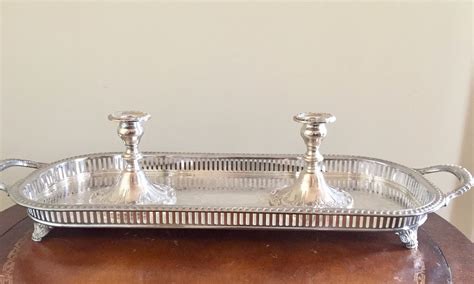 Large Silver Gallery Tray, Oblong Shaped Footed Serving Tray, Vintage Silver Plate Barware Tray ...