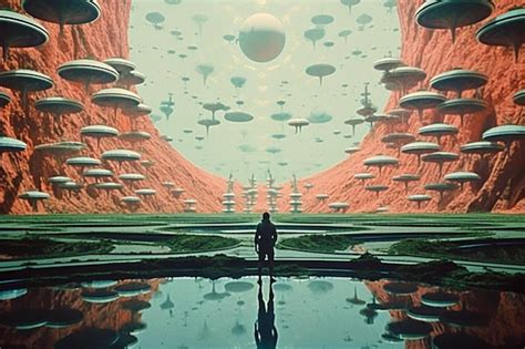 Premium Photo | Futuristic landscape with a man standing in front of a ...