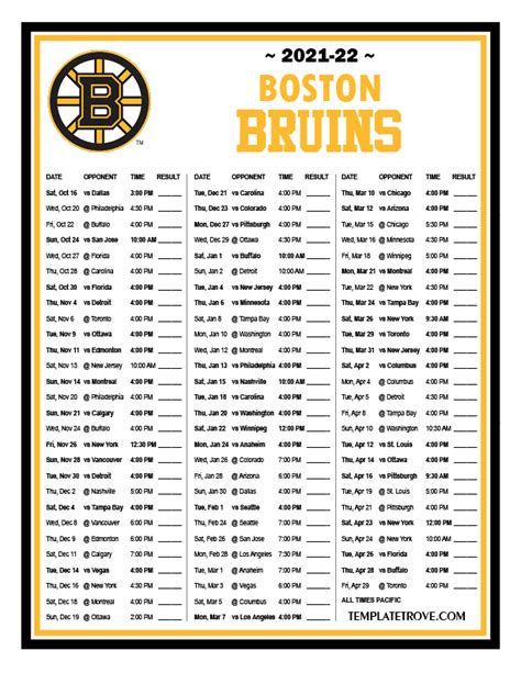 Printable 2021-2022 Boston Bruins Schedule