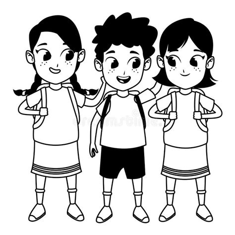 Childhood Cute School Students Cartoon in Black and White Stock Vector ...