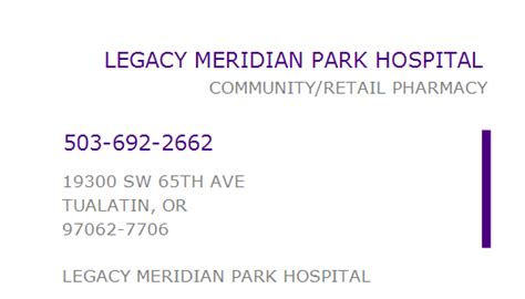 1689694150 NPI Number | LEGACY MERIDIAN PARK HOSPITAL | TUALATIN, OR ...