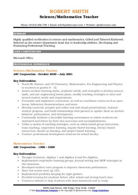 Mathematics Teacher Resume Samples | QwikResume