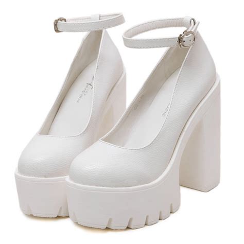 White Chunky Cleated Platforms Sole Block High Heels Mary Jane Shoes