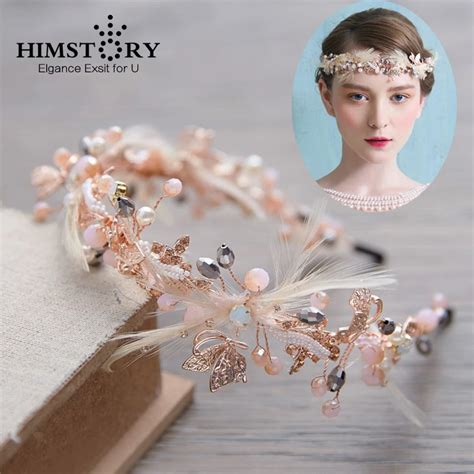 HIMSTORY Handmade Gorgeous Crystal Beaded Feather Hairband Bridal ...