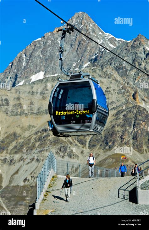 Gondola cable car of the Matterhorn Express at the station Schwarzsee, Zermatt, Canton of Valais ...