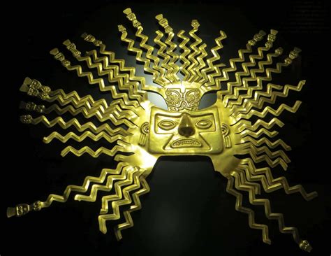 A gold-sheet mask representing the sun god Inti from the La Tolita part of the Inca empire. The ...