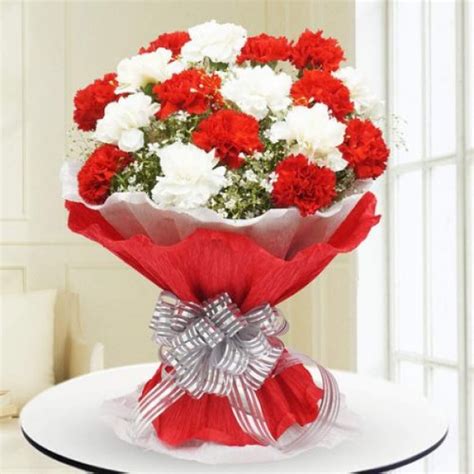 Buy 18 Red and White Carnations Bunch Online @1149