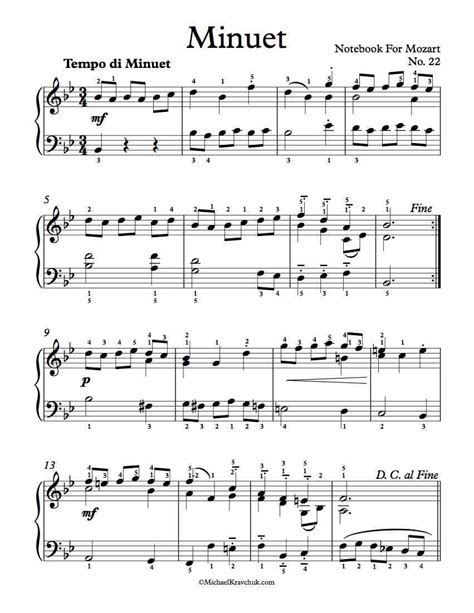 Free Piano Sheet Music – Minuet No. 22 – Notebook For Mozart/Wolfgang ...