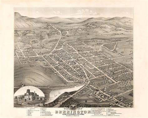 Map of Bennington & Bennington Centre, Bennington Co. Vermont VT. 1877. Vintage Restoration ...