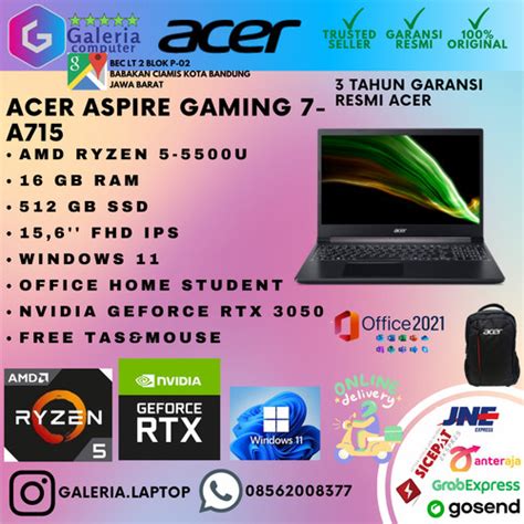 Jual ACER ASPIRE GAMING 7 A715 RYZEN 5-5500U 512GB 16GB RTX3050 4GB W11 ...