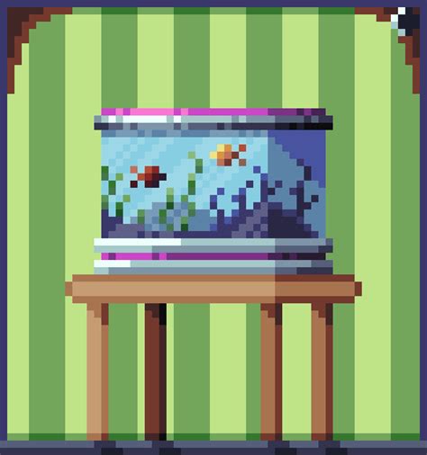a fish tank sitting on top of a wooden table next to a green striped wall