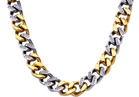 Mens 14mm Two Tone Gold Stainless Steel Cubic Zirconia Curb Link Chain Necklace | Blackjack Jewelry