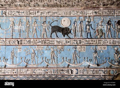 Painted relief on the ceiling of the Temple of Hathor at Dendera in Egypt Stock Photo - Alamy