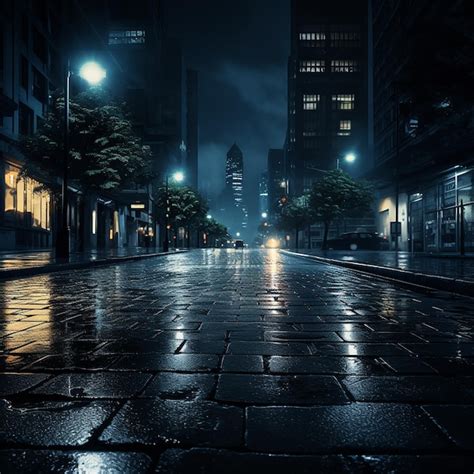 Premium AI Image | Rain on road street in dark night