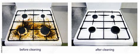 Kitchen white stove before and after cleaning service cleaning. Dirty gas stove stained while ...