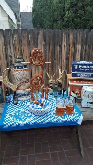 Oktoberfest party decorations, Paulaner theme, German beer, pretzels, liter steins. Pro ...